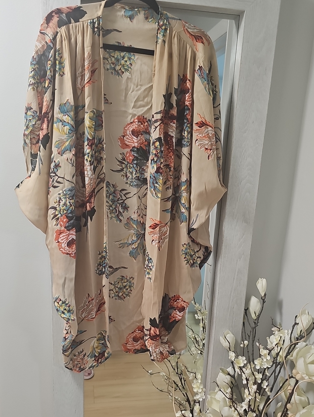 Beige Floral Kimono- Lightweight Women's, One Size